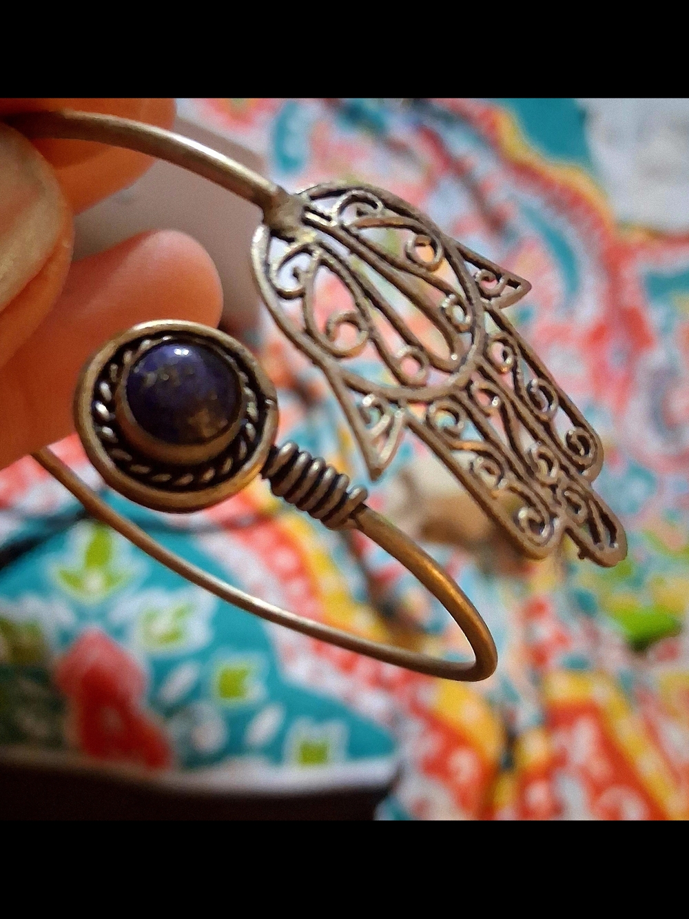 Silver Hamsa Cuff Bracelet with Lapis Lazuli Stone - Women's Jewelry